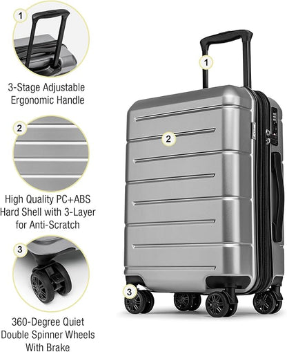 KYME Carry On Luggage 22x14x9 Airline Approved Hardshell 20 Inch with TSA Lock Carry On Suitcase with Wheels Small Travel Rolling Luggage with Cup Holder for Women Men Silver
