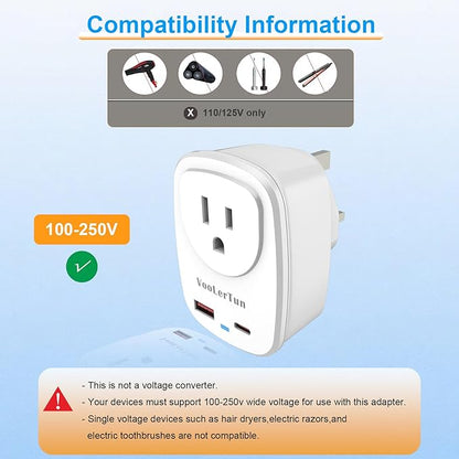 Type G-UK Plug Adapter, VooLerTun Dubai England Travel Adapter with 30W Fast Charge Power Adapter Dual Ports Cell Phone Camera, 1 American Outlet Adapter, US Converter for UK Travel,UK Power Adapter.