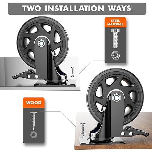 6 Inch Caster Wheels Heavy Duty Casters with Brake, Casters Set of 4 Loading 3000 Lbs, Locking Industrial Swivel Top Plate Casters Wheels for Furniture and Workbench Cart(Two Hardware Kits Included)