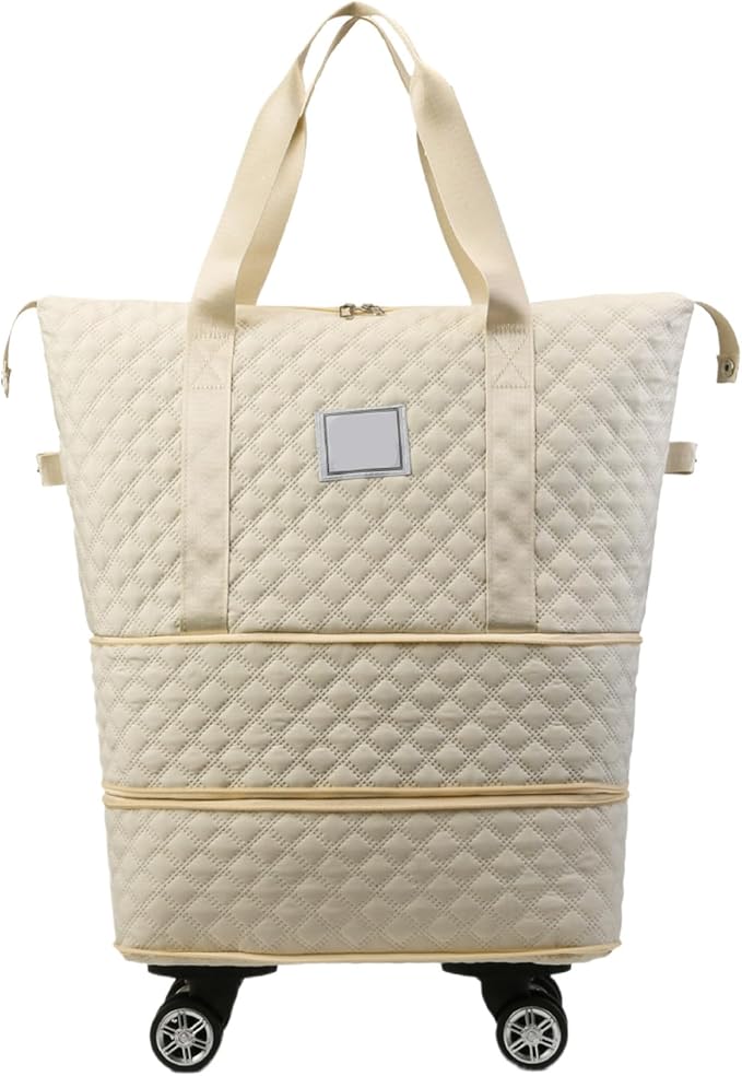 Rolling Duffle Bag with Wheels and Handle, Expandable Foldable Luggage Bag Beige