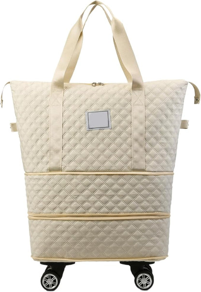 Rolling Duffle Bag with Wheels and Handle, Expandable Foldable Luggage Bag Beige