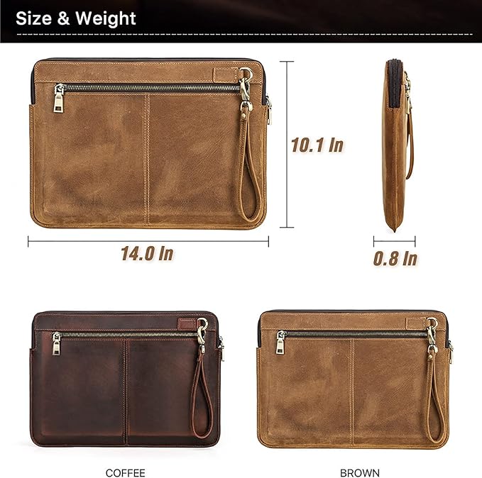 Top Grain Leather 14.2" Laptop Case Bag, Zip Pockets Design, Compatible with MacBook Air 13" M2 A2681 M1 A2337 A2179 A1932/Pro 13" M2 M1 A2338 A2251 A2289 A2159 A1989 A1706, Coffee 14.2 Inch