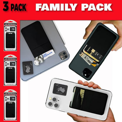 Gecko Travel Tech Double Pocket - Adhesive Card Holder - Cell Phone Pouch - Stick on Spandex Pocket - Carry Credit Cards and Cash (3 PACK - -BLANK- BLACK)