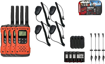 Motorola Solutions, Portable FRS Talkabout T605 H2O Two Way Radios 4-Pack, Walkie Talkies Orange Waterproof Rechargeable, Carrying Case, Orange/Black with 4 Remote Speaker Mics