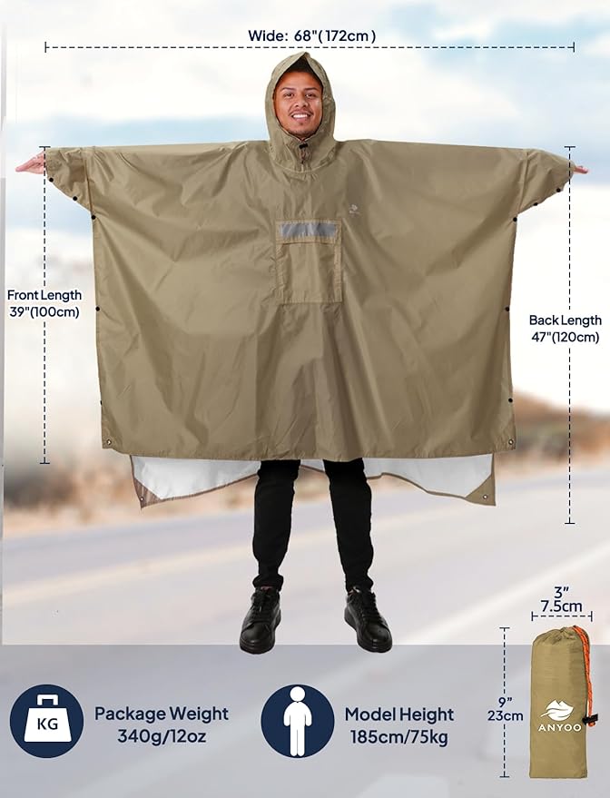 ANYOO Hooded Rain Poncho for Adults Waterproof Lightweight Rain Coat for Men Women Reusable Rain Jacket for Emergency Outdoor