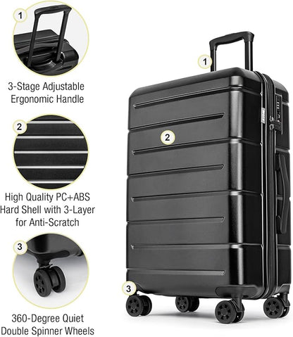 KYME Luggage Sets 2 Piece Suitcase Set Hardshell 20 inch/24 inch Luggage with Spinner Wheels Hardside PC+ABS Checked Large Suitcase with TSA Lock for Men Women Black
