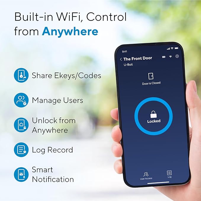 ULTRALOQ U-Bolt WiFi Smart Lock with Door Sensor, 7-in-1 Keyless Entry Door Lock, Built-in WiFi Deadbolt Front Door, App Remote Control No Hub, Auto Unlock, Easy Installation, IP65 Waterproof, Black