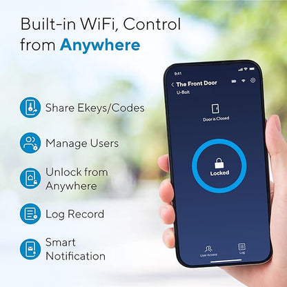 ULTRALOQ U-Bolt WiFi Smart Lock with Door Sensor, 7-in-1 Keyless Entry Door Lock, Built-in WiFi Deadbolt Front Door, App Remote Control No Hub, Auto Unlock, Easy Installation, IP65 Waterproof, Black
