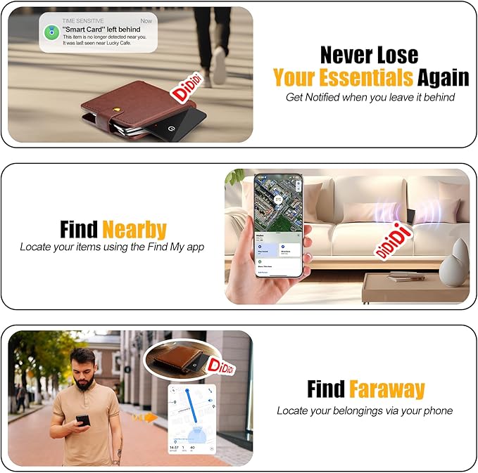 Wallet Tracker 2 Pack Rechargeable Item Tracker, 8-Month Battery Life Smart Track Card, Slim Wallet Finder Works with Apple Find My (iOS Only), Sound Alerts Item Finder for Luggage, Purse, Phone