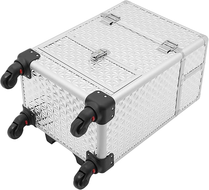 Rolling Makeup Train Case,Multi-functional Cosmetic Trolley with 360° Swivel Wheels Keys,Salon Barber Case Traveling Cart for Nail Technicians Hairstylist (Sliver)