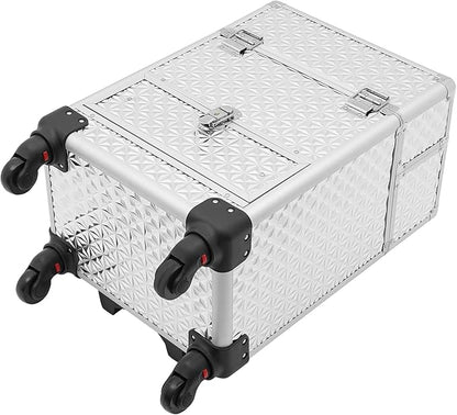 Rolling Makeup Train Case,Multi-functional Cosmetic Trolley with 360° Swivel Wheels Keys,Salon Barber Case Traveling Cart for Nail Technicians Hairstylist (Sliver)