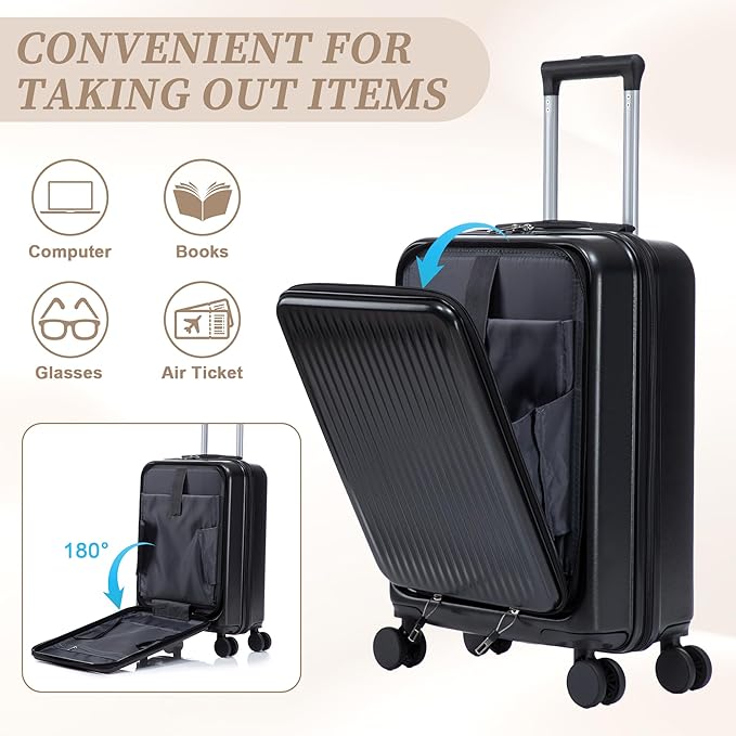 Merax Carry On Luggage,20 Inch Hardside Suitcase with 14 Inch Cosmetic Case, Front Opening Luggage Set with Spinner Wheels TSA Lock,Airline Approved,Black