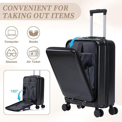 Merax Carry On Luggage,20 Inch Hardside Suitcase with 14 Inch Cosmetic Case, Front Opening Luggage Set with Spinner Wheels TSA Lock,Airline Approved,Black