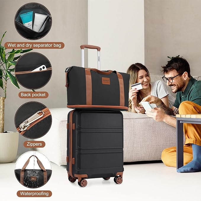Kono Luggage Set 4 Piece Carry On Hardside Luggage with TSA Lock Spinner Wheels Lightweight PC+ABS Carry On Suitcase Apricot Black