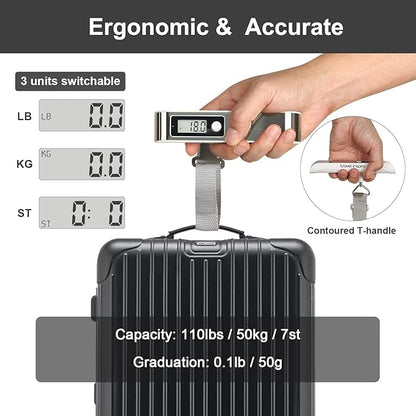 travel inspira Luggage Scale, Portable Digital Hanging Baggage Scale for Travel, Suitcase Weight Scale with Rubber Paint, 110 Pounds, Battery Included