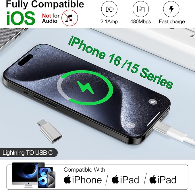 𝟒𝐏𝐚𝐜𝐤 𝐔𝐩𝐠𝐫𝐚𝐝𝐞𝐝 Lightning to USB C Adapter for iPhone 17/16/15 Series,iPad Pro,Charging & Data Sync ONLY,Type C Charger Connector,for iPhone 17/16 Charger,17/16 Accessroies,Not for Audio