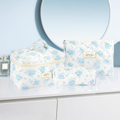 3Pcs Cotton Quilted Makeup Bag for Women Girls Large Small Travel Floral Cosmetic Bags Set Cute Coquette Zipper Makeup Pouch for Purse Aesthetic Cloth Flower Storage Toiletry Bag Organizer