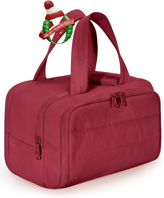 BAGSMART Travel Toiletry Bag, Puffy Toiletry Bag for Women, Wide-open toiletry bags for traveling, Large Travel Cosmetic Makeup Bag Organizer for Accessories,Toiletrie (Vintage Berry)