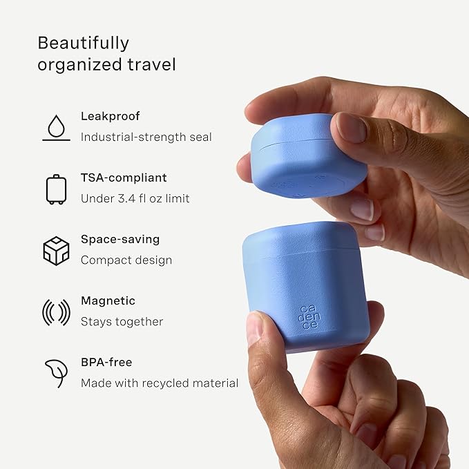 Cadence Travel Containers - 2 Piece Haircare Set - Magnetic Travel Capsules - For Shampoo, Conditioner, Hair Styling Product - 1 Small & 1 Medium Capsule - Shampoo & Conditioner Labels - Pacific
