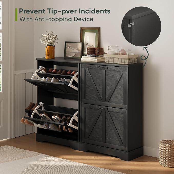 Shoe Cabinet, Shoe Storage Cabinet for Entryway with 2 Flip Drawers, Narrow Farmhouse Shoe Organizer Cabinet, Slim Shoe Rack Cabinet, 23.6in Black