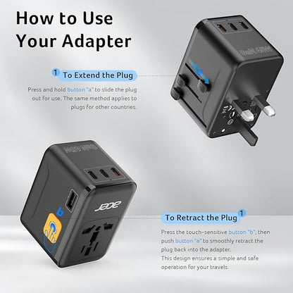 Acer 45W GaN Universal Travel Plug Adapter - International Power Adapter with 3 USB C & 1 USB A, Worldwide Power Outlet Travel Essentials for USA to European UK AUS Ireland, Type C/G/I/A, Black