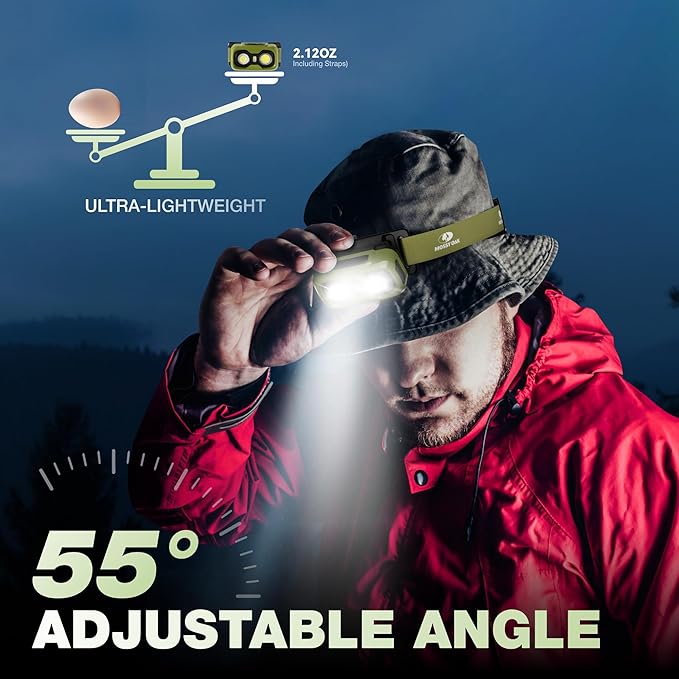 Mossy Oak 600 Lumens Rechargeable Headlamp, Lightweight LED Headlight with White & Red Light, Waterproof Head Lamp with Non-Slip Band, Dimmable & Memory Function for Camping, Running, Christmas Gifts