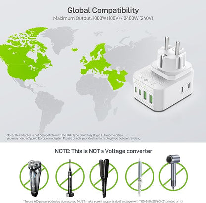 EPICKA Hybrid International Power Adapter for US to German & France, Foldable & Detachable Type EF VisaPlug, 8-in-1 Travel Plug Adapter with 4 USB Ports (2 USB-C PD 20W), Travel Dormestic Essentials