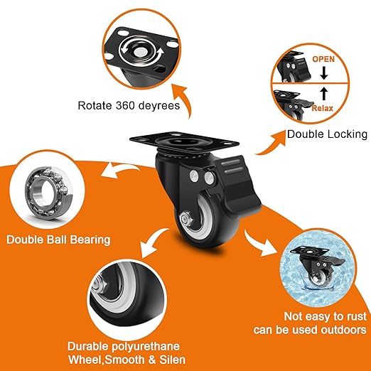 MSH&HCE 2 Inch Heavy Duty Locking Caster Wheels with Brake - 360° Swivel, 600lb Capacity - Quiet Casters for Furniture, Tables, Workbenches- Includes Screws, washers & Screwdriver(Set of 4)