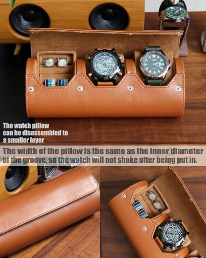 Watch and Cufflink Box Organizer Case for Men, Cufflink Watch Case Travel Roll, Portable 2 Slot Watch and Cufflink Display Storage with Velvet to Holder Large Watch, Cufflink Ring Travel Case