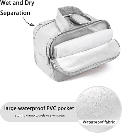 Travel Toiletry Bag for Women, Large Wide-open Puffy Cosmetic Makeup Bag with Wet-Dry Separation, Multi-Pocket Organizer with Carry Handle for Toiletries, Cosmetics, Essentials, Light Grey
