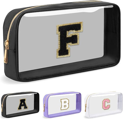 Personalized Initial Letter Clear Makeup Bag,Preppy Small Nylon&PVC Cosmetic Zipper Bag with Chenille Letter,Travel Skincare Toiletry Bag,Monogram Christmas Gift for Teen Girls Women,F