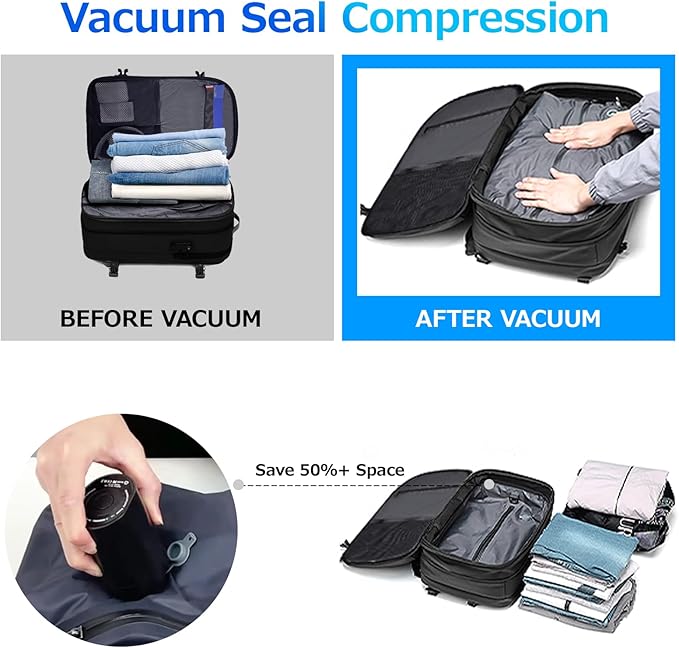 KINGSLONG Vacuum Backpack Travel Vacuum Seal Compression Travel 60L Expandable Vacpack with Pump Ideal for Traveling Business Laptop (Portable Electric Air Pump Included)