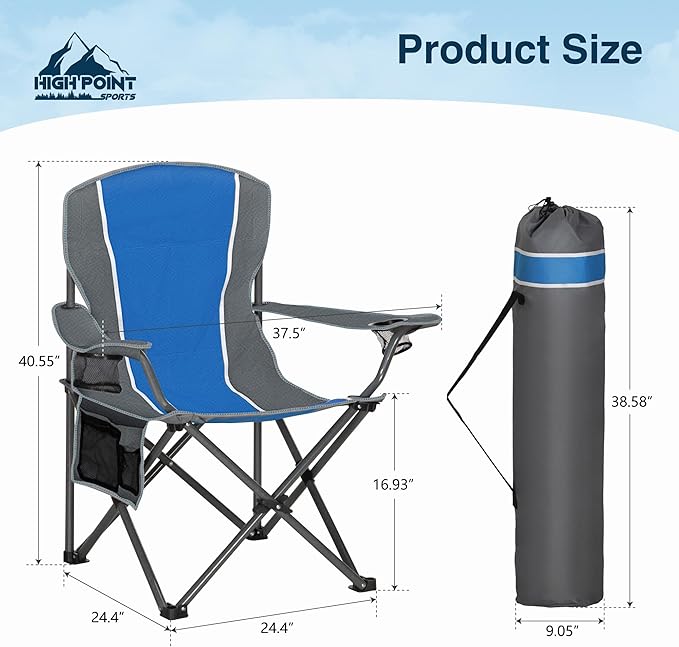 HIGH POINT SPORTS Portable Camping Chair, Heavy Duty Outdoor Folding Chair with Armrest, Foldable Camp Chair with Cup Holder, Portable Lawn Chair for Adults Support 350 LBS, Blue-Gray