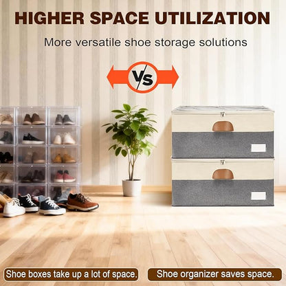 2 Pack Shoe Organizer for Closet, Adjustable Shoe Box Storage Containers, Large Foldable Shoe Bins with Clear Cover, Space Saving Shoes Holder with 4 Handles, Fits 24-48 Pairs, Black