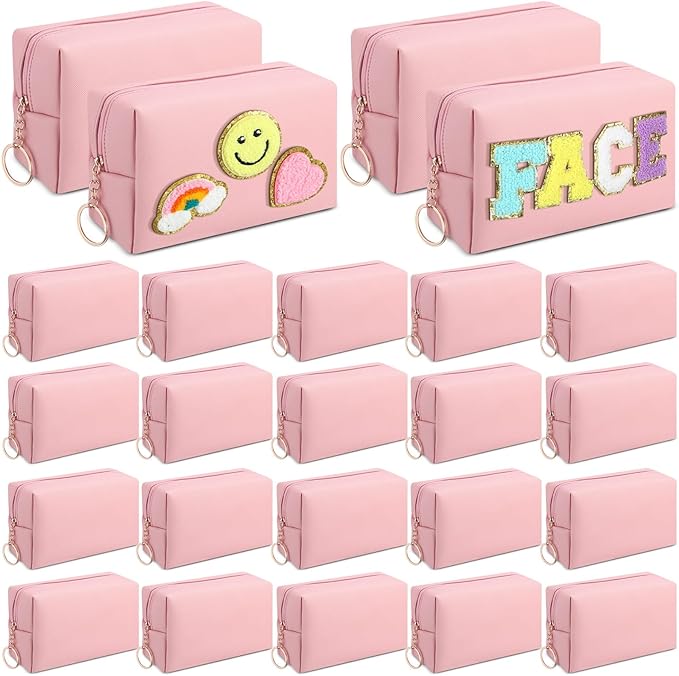 Chunful 24 Pcs Preppy Makeup Bag PU Leather Cosmetic Bag Bulk Makeup Plain Pouch Waterproof Toiletry Purse for Women Traveling Preppy Pencil Case Travel Purse Cosmetic(Peach Pink)