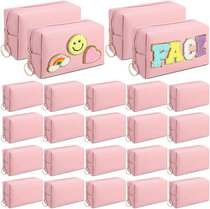 Chunful 24 Pcs Preppy Makeup Bag PU Leather Cosmetic Bag Bulk Makeup Plain Pouch Waterproof Toiletry Purse for Women Traveling Preppy Pencil Case Travel Purse Cosmetic(Peach Pink)
