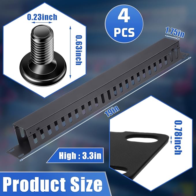 4 Pack 1U 19 Inch Cable Manager 24 Slot Horizontal Rack Mount Wire Management Server Rack Cable Management Metal Finger Duct Wire Organizer with Cover and Mounting Screws for Network Cabinet, Black