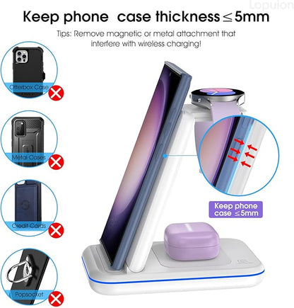 Wireless Charging Station for Samsung/Android, Fast Wireless Watch Charger Station Compatible for Samsung Galaxy S25 Ultra/S24/S23+/Z Flip 7/6 Fold 7/6, Watch8/7/Pro/Active 2 Galaxy Buds3/2 Pro(White)