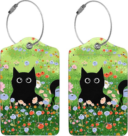 2 Pcs Luggage Tags for Suitcase, Cute Unique PU Leather Travel Bag Tag with Privacy Cover ID Label Address Card and Durable Metal Ring Suitable for Men Women Children Backpack,Black Cat On The Grass