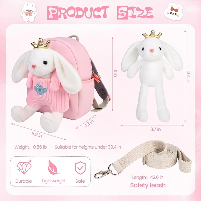 Small Rabbit Toddler Backpacks with Soft Bunny Dolls & Leash Preschool Backpack with Stuffed Animals for School Travel, 2 3 4 5 6 Year Old