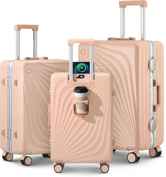 3-Piece Hardside Luggage Sets Aluminum Frame, 20+24+28 Inch Suitcases with USB Charging Port, Foldable Cup Holder, TSA Locks & Spinner Wheels for Travel, Light Pink