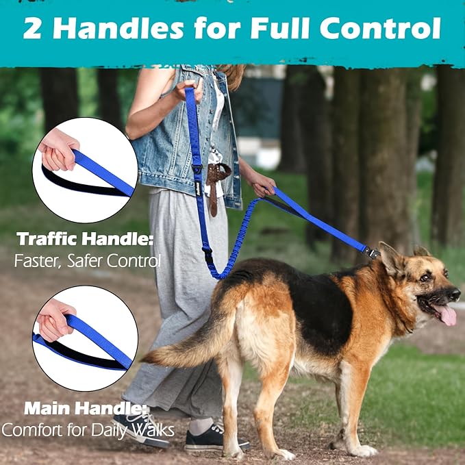 PetBonus Heavy Duty Tactical Dog Leash, 5 FT Bungee Shock Absorption Leash with 2 Padded Handles, Quick Release Metal Clip, Car Seatbelt, No Pull Training Lead for Large Medium Dogs（Blue）