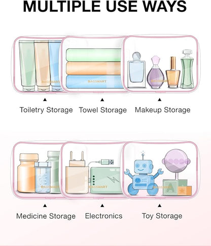 BAGSMART Clear Toiletry Bag, 3 Pack TSA Approved Travel Toiletry bag Carry on Travel Accessories Bag Airport Airline Quart Size Bags Water Repellent Makeup Cosmetic Bag for Women (Pink-3pcs)