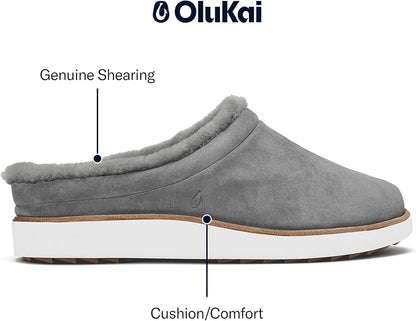 OLUKAI Mani Women's Leather Mule Slippers, Soft & Comfortable Slippers with Fleece Lining, Thick Rubber Outsole, All-Day Wear