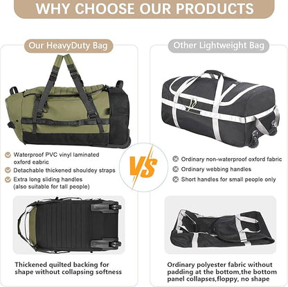 CONTAIL 86L Wheeled Duffel Bag, Soft Shell with Adjustable Web Handles, Carry On Size 29.5x14.2x12.6in, Foldable with Dual Wheels & Shoe Compartment,Army Green