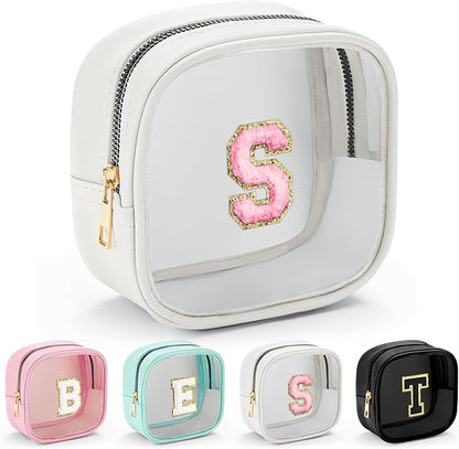 YOOLIFE Initial Make Up Bag Travel Toiletry Bag, Clear Makeup Bag Preppy Cosmetic Bags Organizer Travel Essentials Gifts for Women Teen Girlfriend Teacher Mom Birthday Mothers Day Gifts White S