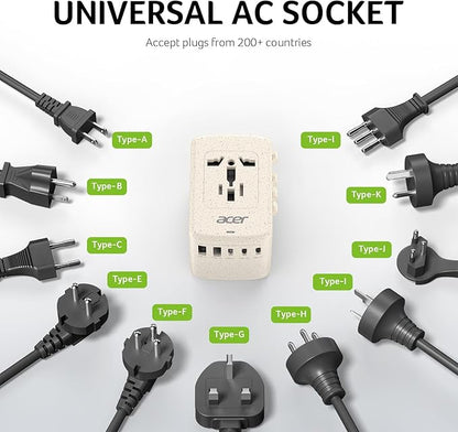 Acer Universal Travel Plug Adapter - International Power Adapter with 5 USB Ports (3 USB C) 5.8A, Worldwide Outlet Charger for USA to European UK France Germany Spain, Type C/E/F/G/I/L/A,Beige