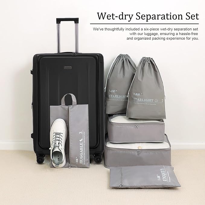 Premium 29 Inch Luggage, Top Opening Aluminum Frame Airline Approved ABS+PC Hard Shell Suitcases with Silent Wheels, TSA Lock, Front Pocket and Wet-dry Separated Six-piece set