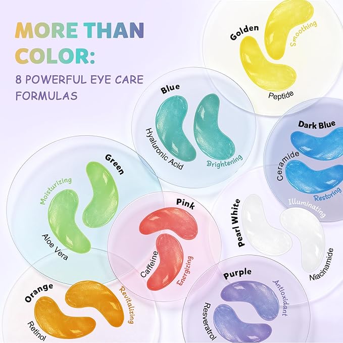 Under Eye Patches Variety Pack (24 Pairs), Stocking Stuffers for Women, Eye Masks for Dark Circles Puffy Eyes With 8 Colors (3 Pairs/Color), Vegan Skin Care Gifts for Teen Girls