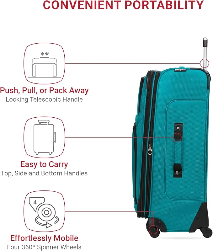 SwissGear Sion Softside Expandable Luggage – Large Checked Suitcase with 360 Degree Wheels & Retractable Handle – 29 Inch, Perfect for 7-9 Night Trips – Teal